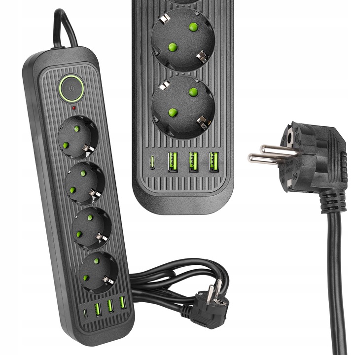 Przedłużacz listwa zasilająca 2m 4 GNIAZDA UZIEMIENIE 4x USB C CZARNY