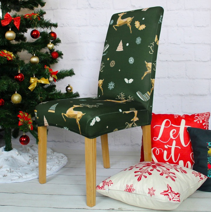 ZESTAW 6 SZT POKROWIEC NA KRZESŁO ZIELONY ŚWIĄTECZNE WZORY ELASTYCZNY