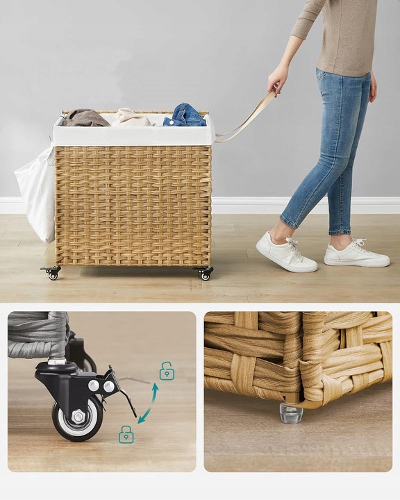 Kosz NA PRANIE pojemnik RATTAN naturalny NA KÓŁKACH 3 PRZEGRÓDKI 140L