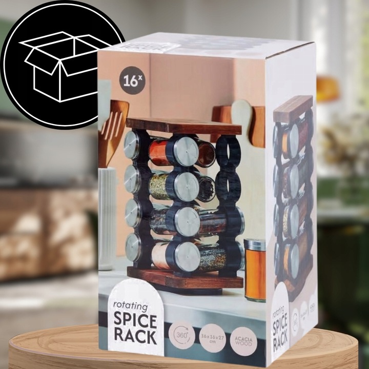 POJEMNIKI NA PRZYPRAWY STOJAK PRZYPRAWNIK OBROTOWY Drewniany 16 SŁOICZKÓW
