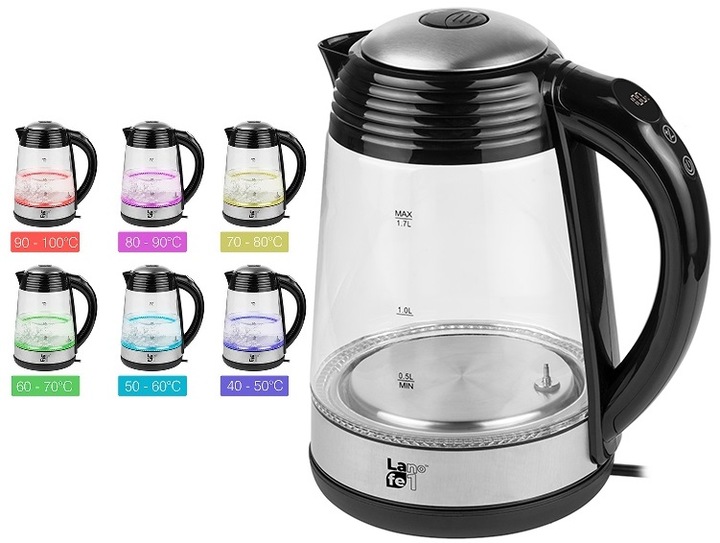 CZAJNIK ELEKTRYCZNY BEZPRZEWODOWY 1,7l 2200W SZKLANY LED REGULACJA