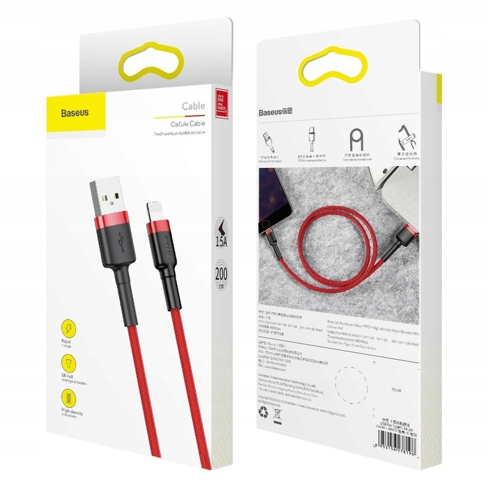 BASEUS MOCNY KABEL USB DO LIGHTNING IPHONE IPAD PRZEWÓD OPLOT 1.5A 2M