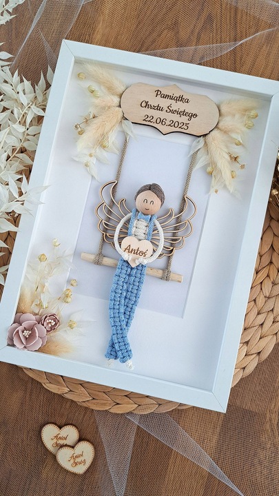 MAKRAMA RAMKA ANIOŁ PREZENT PAMIĄTKA CHRZTU ŚWIĘTEGO KOMUNII ŚWIĘTEJ