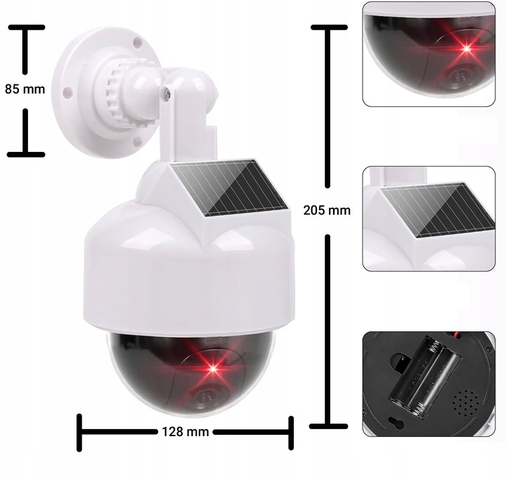 ATRAPA KAMERY KOPUŁKOWA OBROTOWA 360 MONITORING SOLARNA DIODA LED