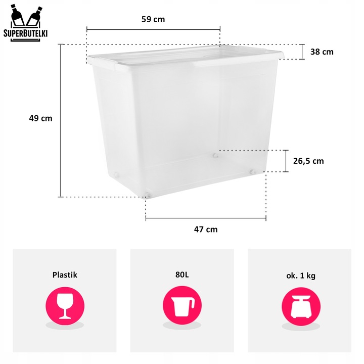 DUŻY POJEMNIK Z KÓŁKAMI 80L PLASTIKOWY ORGANIZER SZUFLADY SZAFY NA