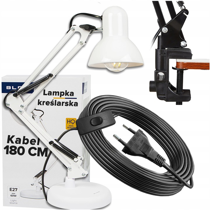 LAMPKA NOCNA KREŚLARSKA NA BIURKO BIURKOWA DO CZYTANIA KABEL 180CM E27