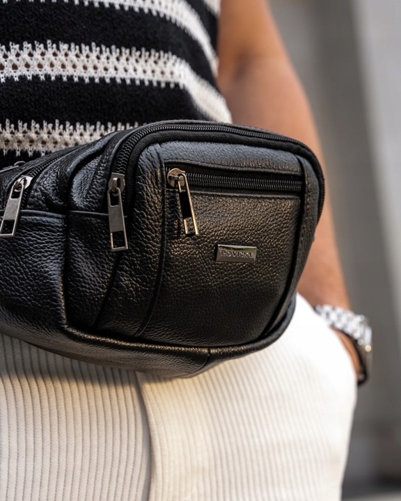 Saszetka męska nerka elegancka ze skóry naturalnej na pasku skórzana