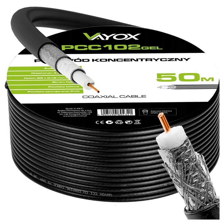 KABEL ANTENOWY KONCENTRYCZNY CZARNY ŻEL Cu PRZEWÓD ZEWNĘTRZNY ZIEMNY