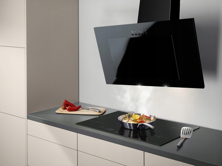 OKAP Kuchenny MAAN VERTICAL 60cm Czarny ŚCIENNY SZKŁO LED CICHY LUX