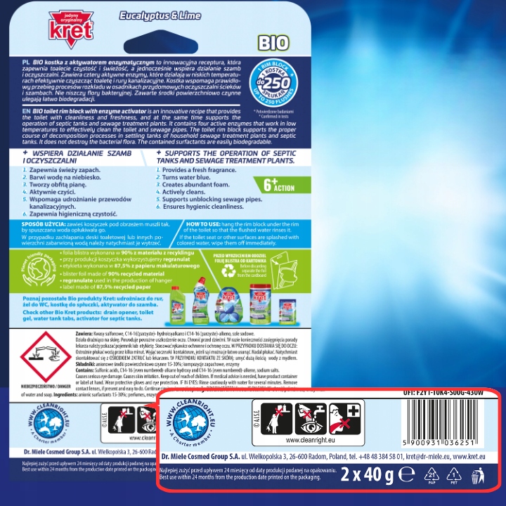 KRET BIO Zawieszka Kostka do WC Toalet Barwiąca Wodę 2x40g Zestaw 4op