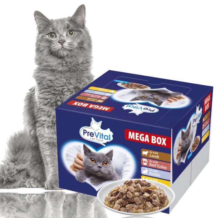 MOKRA KARMA DLA KOTA MIX 4 SMAKÓW MEGABOX 96X100G SASZETKI W SOSIE PREVITAL