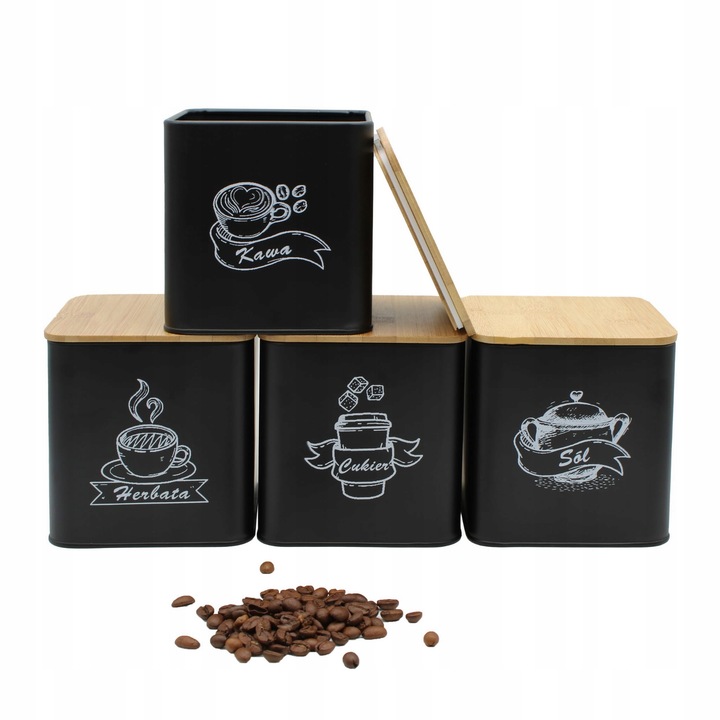 POJEMNIKI KOMPLET KAWA HERBATA CUKIER SÓL CZARNY METALOWY BAMBUS ZESTAW