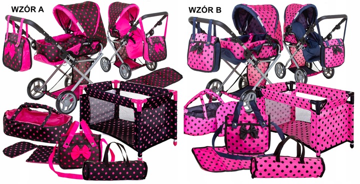 Wózek dla lalek spacerówka głeboki ZESTAW ŁÓŻECZKO POŚCIEL TORBA PRZEWIJAK
