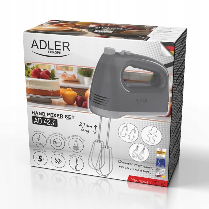 Mikser ręczny 750W 5 biegów tryb TURBO 6 mieszadeł Haki Trzepaki Separator