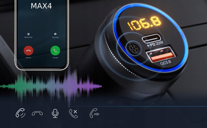 TRANSMITER FM BLUETOOTH 5.1 USB SZYBKA ŁADOWARKA QC 18W/PD 24W 12/24V BASS