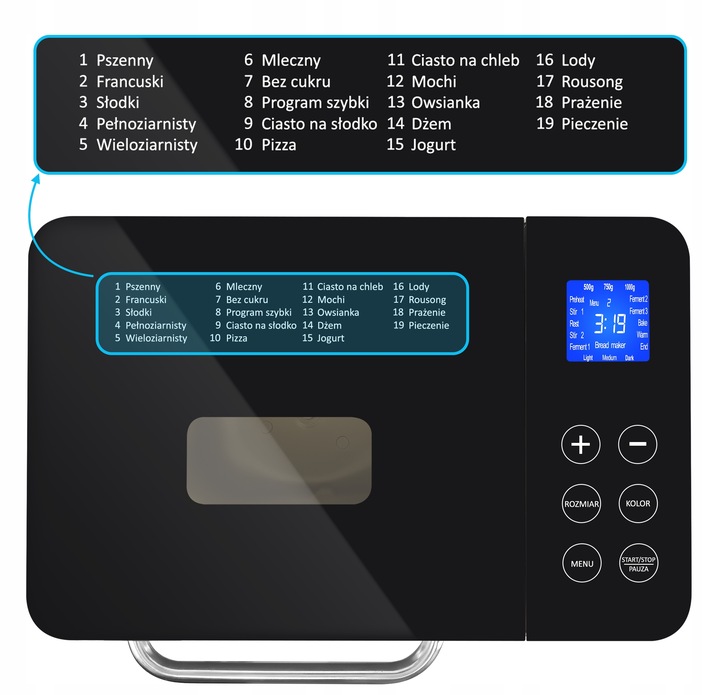 Wypiekacz do chleba Automat MENU PL Yoer INOX +Przepisy +19 programów