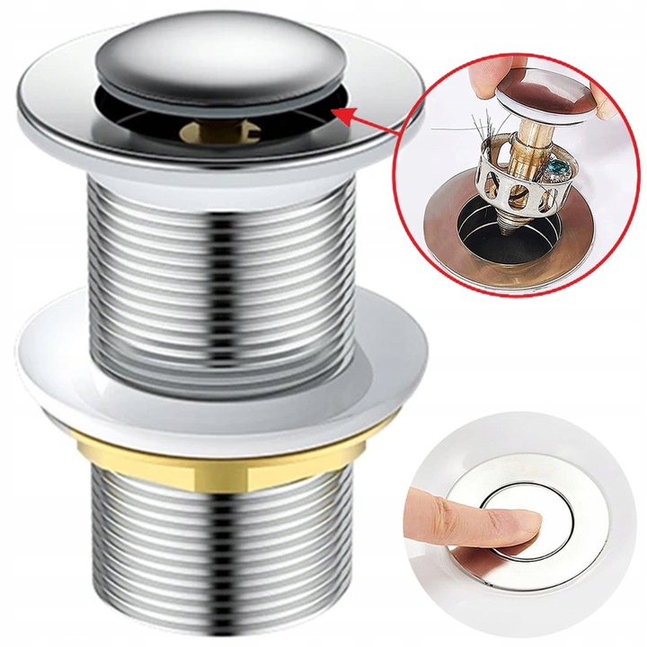 KOREK UMYWALKOWY Z SITKIEM automatyczny bez przelewu klik klak SREBNY