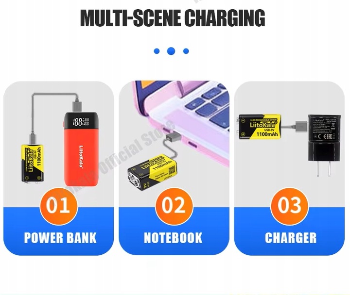 Akumulator Bateria LiitoKala 6F22 USB 9V 1100mAh Li-ion z USB typu C