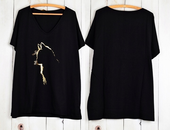 T-SHIRT OVERSIZE KOSZULKA BAWEŁNA ZŁOTA APLIKACJA KOTEK V dekolt L-XXXL T15
