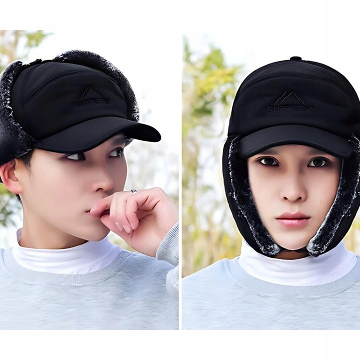 CIEPŁA CZAPKA ZIMOWA Z FUTERKIEM NA ZIMĘ MĘSKA Z DASZKIEM NAUSZNIKI