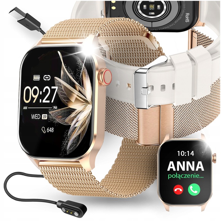 SMARTWATCH DAMSKI ZEGAREK POMIAR GLUKOZY CIŚNIENIE MENU PL ROZMOWY 2 PASKI