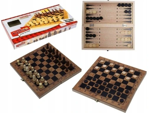 SZACHY i WARCABY drewniane + backgammon 3w1