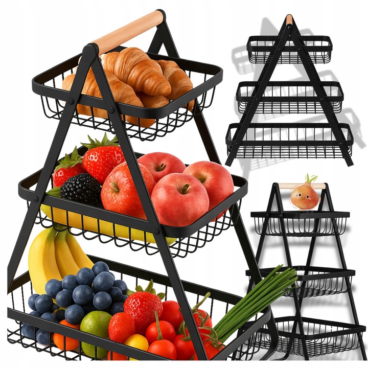 KOSZ NA OWOCE Koszyk na Warzywa Stojak Piętrowy Czarny 3 Poziomy