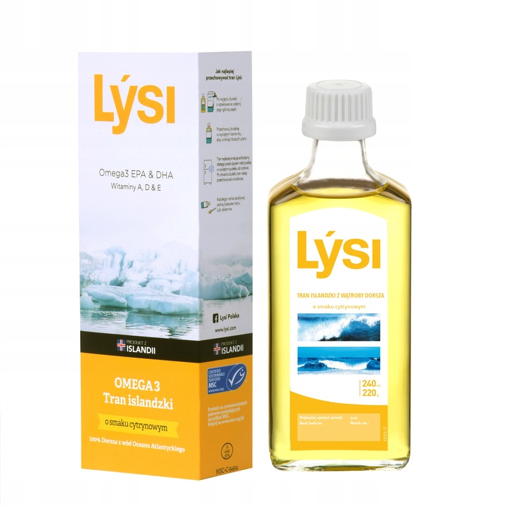 Lysi TRAN ISLANDZKI CYTRYNOWY z WĄTROBY DORSZA DHA EPA 240ml
