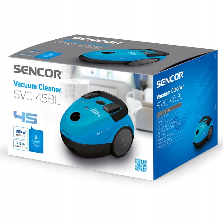 Cichy lekki odkurzacz workowy 850W 1,5L 79dB niebieski Sencor SVC 45BL-EUE3