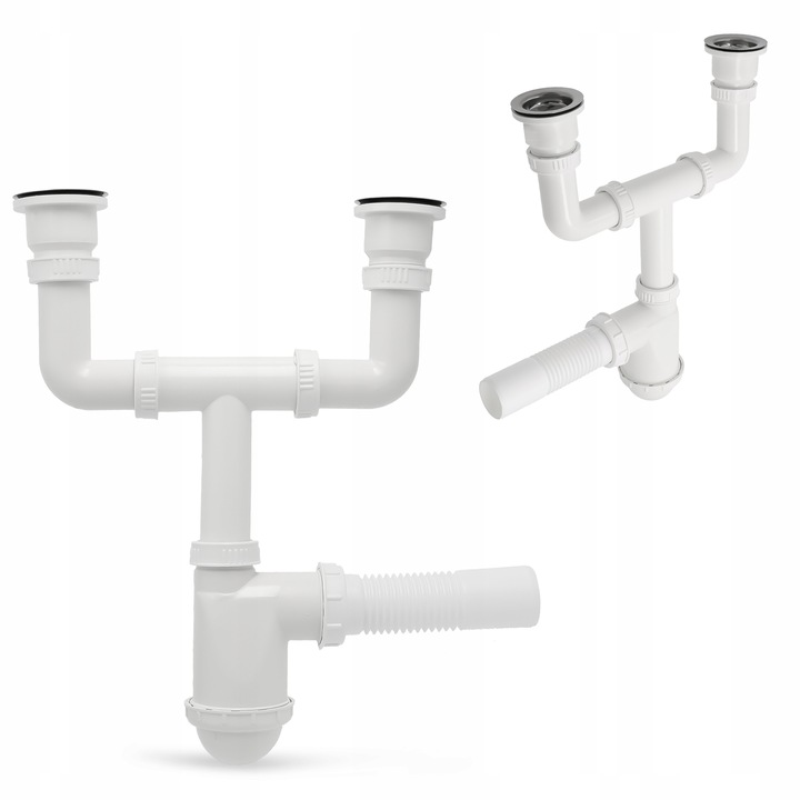 Syfon Zlewu DWUKOMOROWEGO 50 mm Odpływ PODWÓJNY Zlewozmywaka Sitko Manua W2