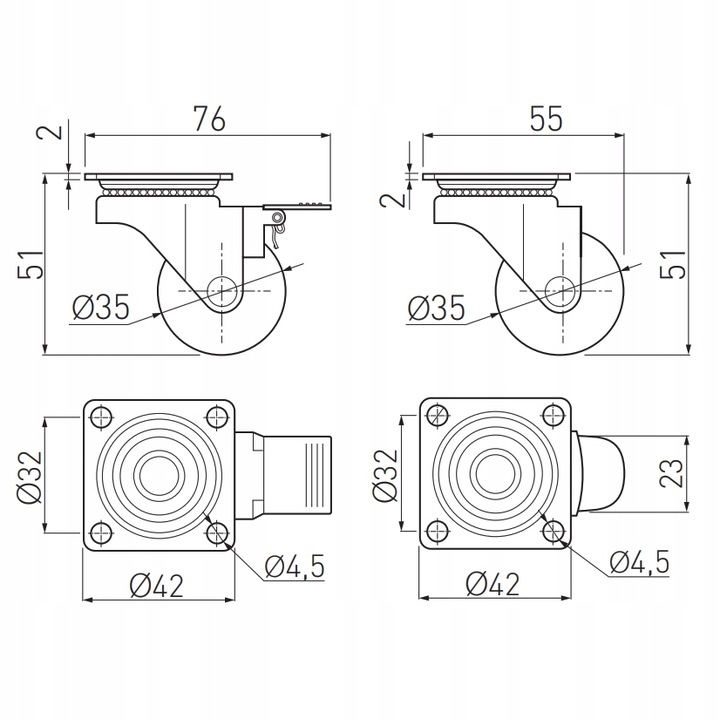 Kółka meblowe obrotowe Brazylia przezroczyste FI 35mm GTV - 4 Sztuki