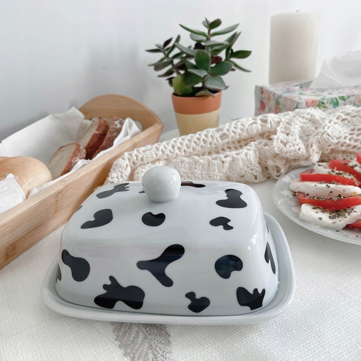 ŁACIATA BIAŁA MASELNICZKA CERAMICZNA POJEMNIK NA MASŁO Z POKRYWKĄ