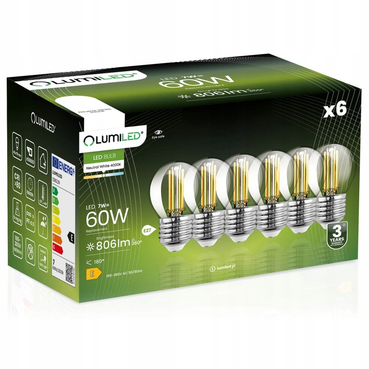 6x Żarówka LED E27 Kulka 7W 806lm 4000K Neutralna CCD 360° Filament