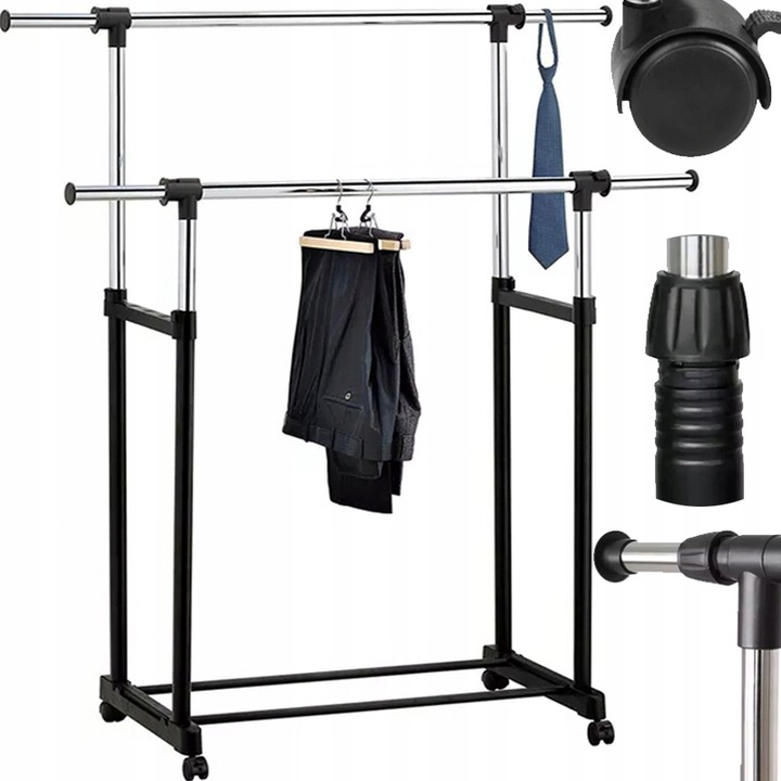 PODWÓJNY WIESZAK METALOWY TELESKOPOWY REGULOWANY SZAFA NA UBRANIA