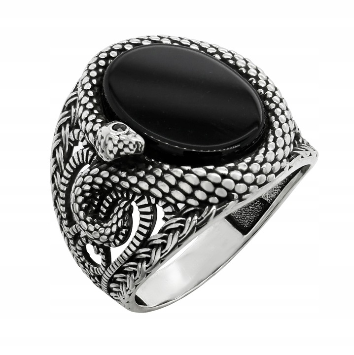Sygnet srebrny Wąż pr. 925 Pierścień z Owalnym Onyksem i wężem | r. 20
