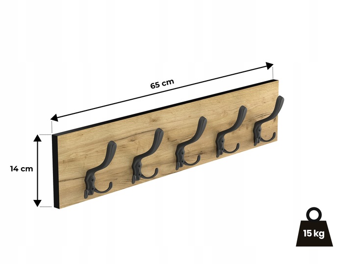 WIESZAK ŚCIENNY WISZĄCY NA UBRANIA WISZĄCY DĄB CRAFT CZARNY DUŻY