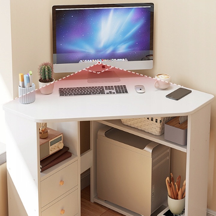 BIURKO NAROŻNE TRÓJKĄTNE KOMPUTEROWE Z PÓŁKAMI NOWOCZESNE BIAŁE LOFT