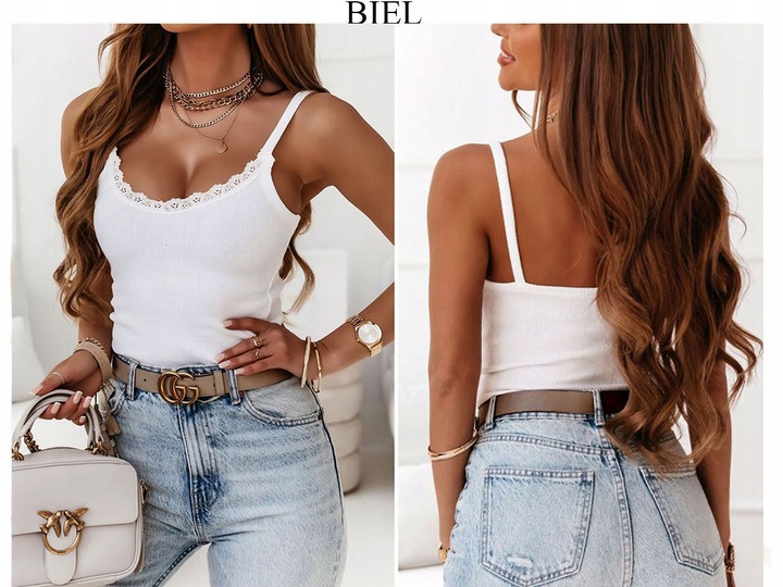 Bluzka damska z koronką prążkowana na ramiączkach modna koszulka S/M