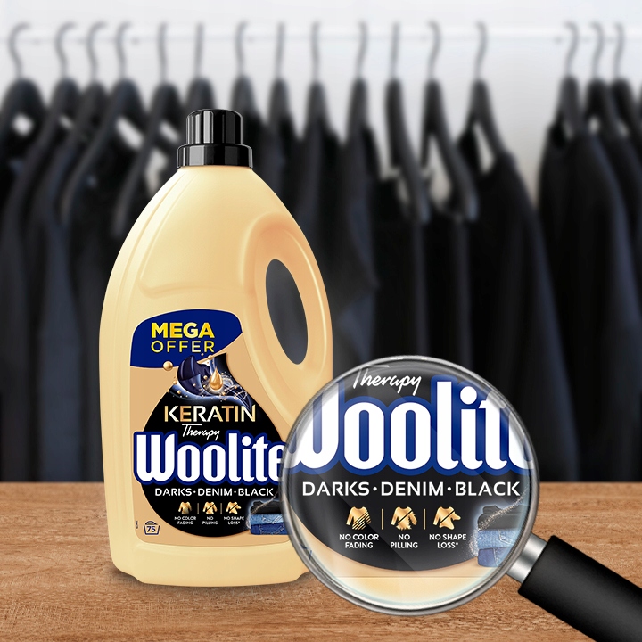 WOOLITE PŁYN DO PRANIA CZARNEGO CIEMNEGO DENIM Z KERATYNĄ 4.5L 75 PRAŃ