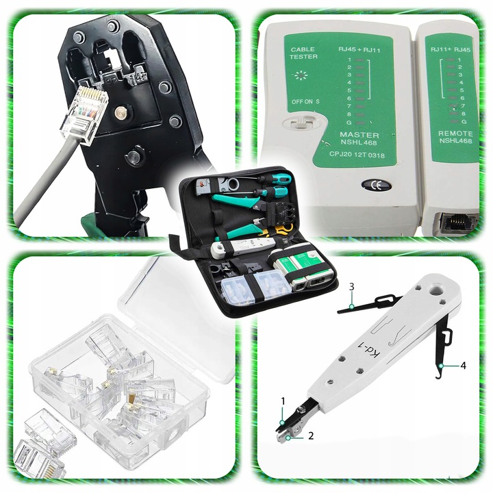 TESTER KABLI SIECIOWYCH RJ45 Przewodów Zaciskarka ZESTAW Sieci LAN ŚCIĄGACZ