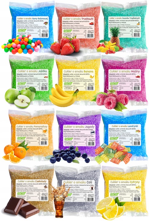 Cukier 12x 100g Kolorowy Do Waty w Saszetkach + Posypki Słomki