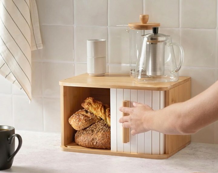 Bambus Chlebak Drewno Pojemnik Na Chleb Pieczywo 33x23 BIAŁE DRZWICZKI