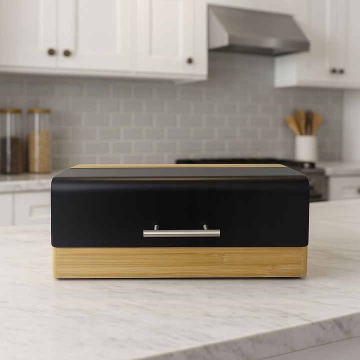 Chlebak bambusowy czarna stal pojemnik na pieczywo nowoczesny desig kuchnia