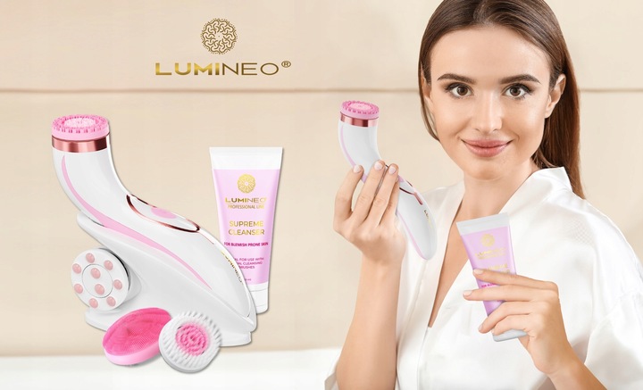 Lumineo Brush PRO różowy 4 końcówki + żel do skóry problematycznej