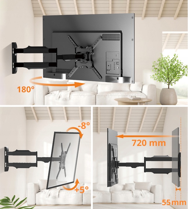 UCHWYT DO TELEWIZORA 26-55 CALI OBROTOWY DŁUGIE RAMIĘ 72CM REGULOWANY