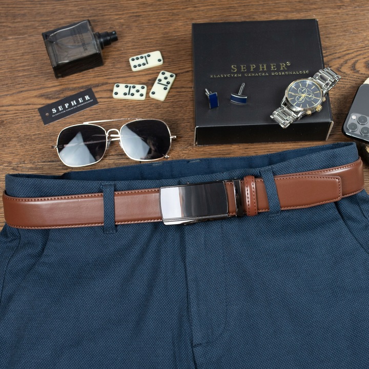 Pasek SKÓRZANY Męski Automat JASNY BRĄZOWY spodni