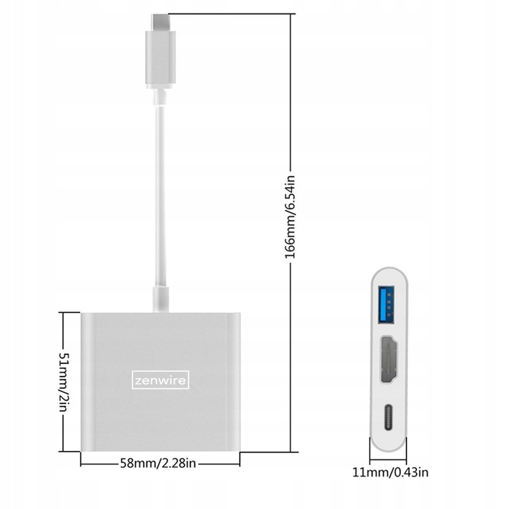 Adapter Przejściówka ZENWIRE 3w1 MHL HUB USB C HDMI 4K do MacBook Samsung
