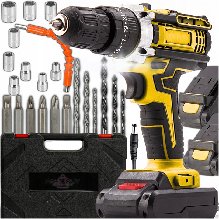 WIERTARKO-WKRĘTARKA AKUMULATOROWA 21V ŻÓŁTA + 2 AKUMULATORY 2.0Ah W