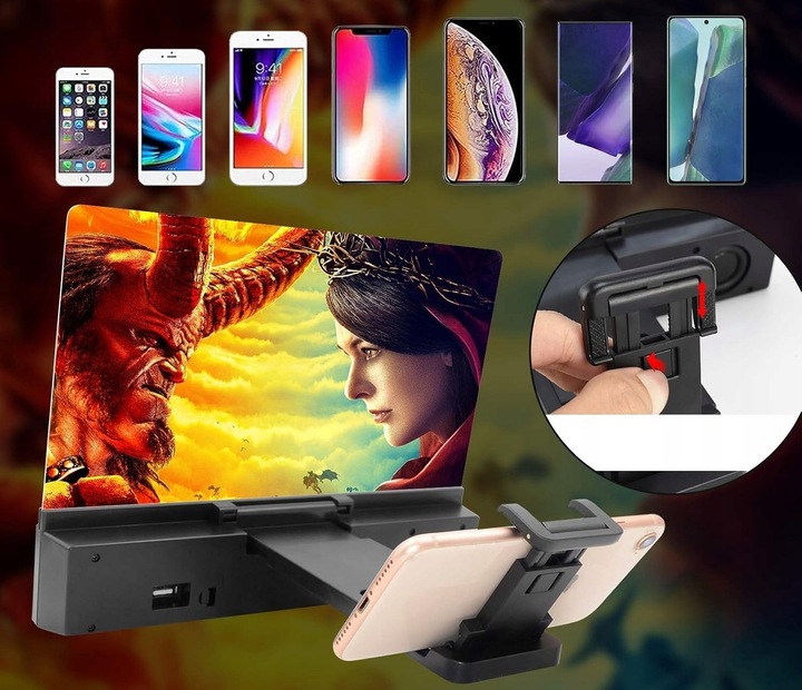 Szkło Powiększające Lupa 3D Ekran 12 Głośnik Bluetooth 2w1 Składany Uchwyt