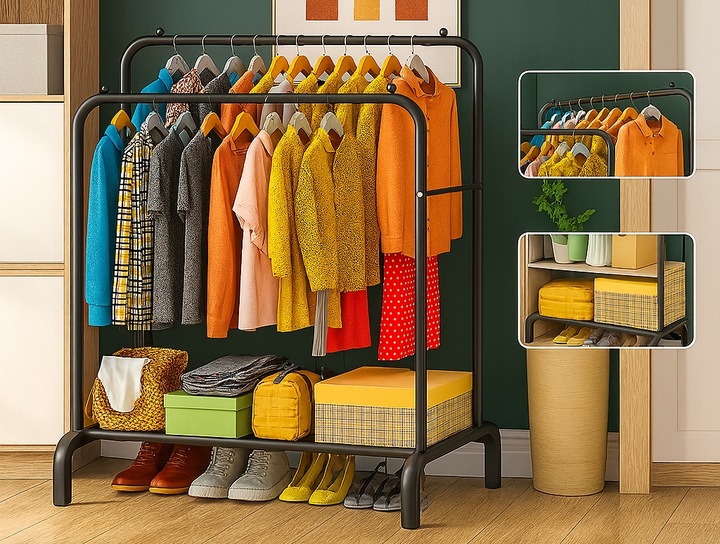 WIESZAK NA UBRANIA BUTY STOJĄCY PODŁOGOWY STOJAK CZARNY PODWÓJNY